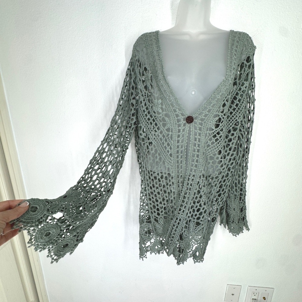 Rebellion Sage Crochet Cotton Lace Bell Sleeve Cardigan Boho Top Size S Button